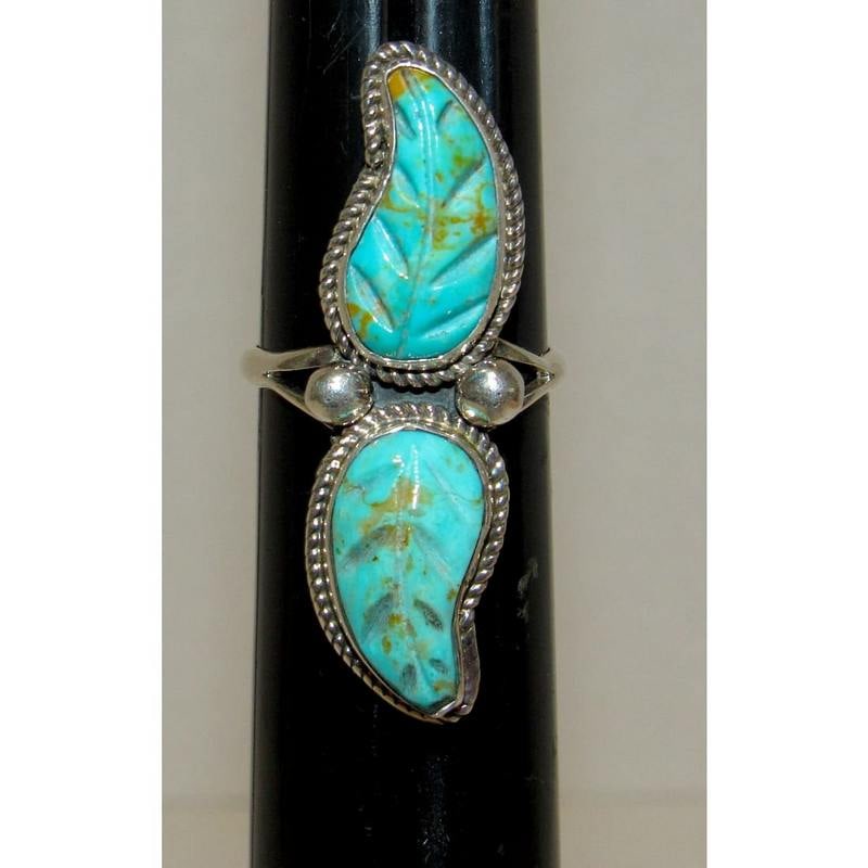 Zuni Carved Turquoise Leaf Ring Size 10 Sterling Silver Native American Signed (1 of 5)