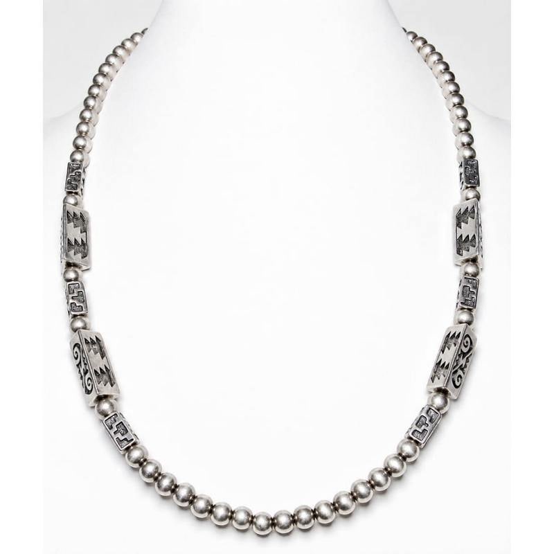 Vintage Navajo Pearls Necklace Rare Barrel Bench Beads Sterling Silver 24": Vintage Navajo Pearls Necklace Rare Barrel Bench Beads Sterling Silver 24". A stunning handcrafted Navajo sterling silver necklace featuring traditional round beads Navajo pearls accented by distincti