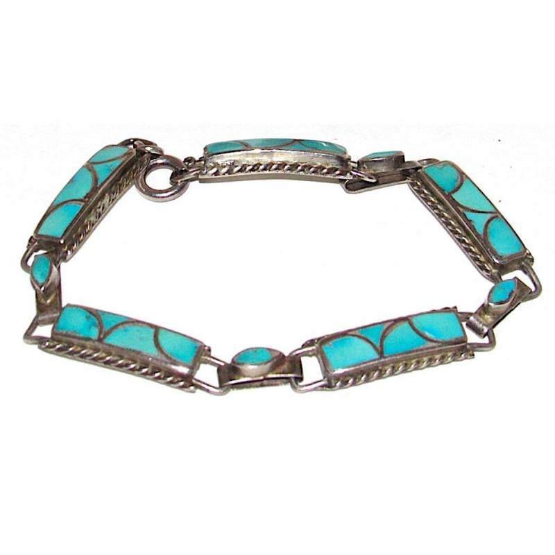 Old Pawn Zuni Link Bracelet Fish Scale Inlay Turquoise Sterling Silver Native (1 of 5)