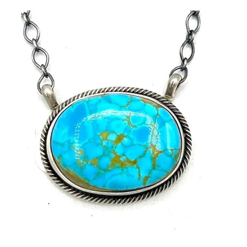 Navajo Waterweb Kingman Turquoise Bar Necklace Sterling Silver A. Martinez (1 of 4)