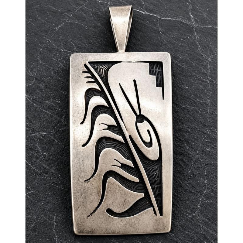 Vintage Hopi Sterling Silver Overlay Pendant by Michael Sockyma Sr.: Authentic vintage Hopi sterling silver overlay pendant, handcrafted by renowned master silversmith Michael Sockyma Sr. (Corn Clan) of Hotevilla, Arizona. Expertly executed in the traditional Hopi over