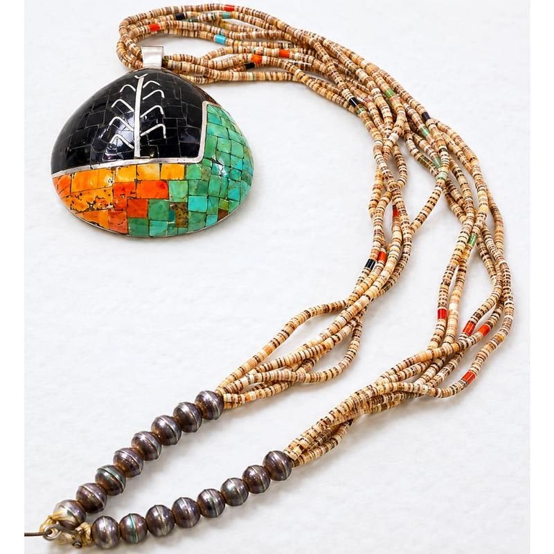 Old Pawn Santo Domingo Kewa Shell Turquoise Silver Heishi Necklace (1 of 6)