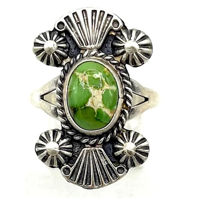 Navajo Royston Turquoise Ring Size 8 Sterling Silver: For your consideration is this fab dainty Navajo sterling silver, and Royston turquoise ring size 8. Size 8, traditional design in sterling silver. Measures about 1" tall on the front. Wonderful examp