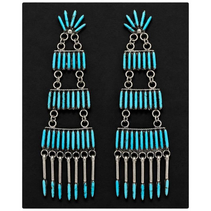 Zuni Needlepoint Turquoise Dangle Statement Earrings Sterling Silver 3" (1 of 4)