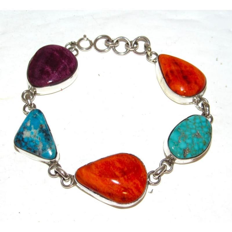 Navajo Turquoise Orange Purple Spiny Adjustable Link Bracelet Sterling J. Yazzie: Stunning Navajo sterling silver, gorgeous Royston turquoise, purple & orange spiny oyster link bracelet. Elegant and timeless piece by the Navajo artist Joleen Yazzie. Hand etched, traditional Navajo 