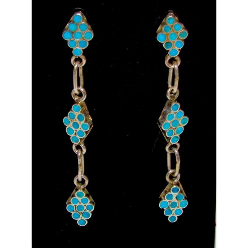 Zuni Dishta Style Inlay Turquoise Dangle Earrings Sterling Silver: Stunning Zuni sterling silver and Dishta Style Sleeping Beauty turquoise dangle earrings. The earrings measure about 2 1/4" long. Stunning traditional craftsmanship and attention to detail, turquoise 