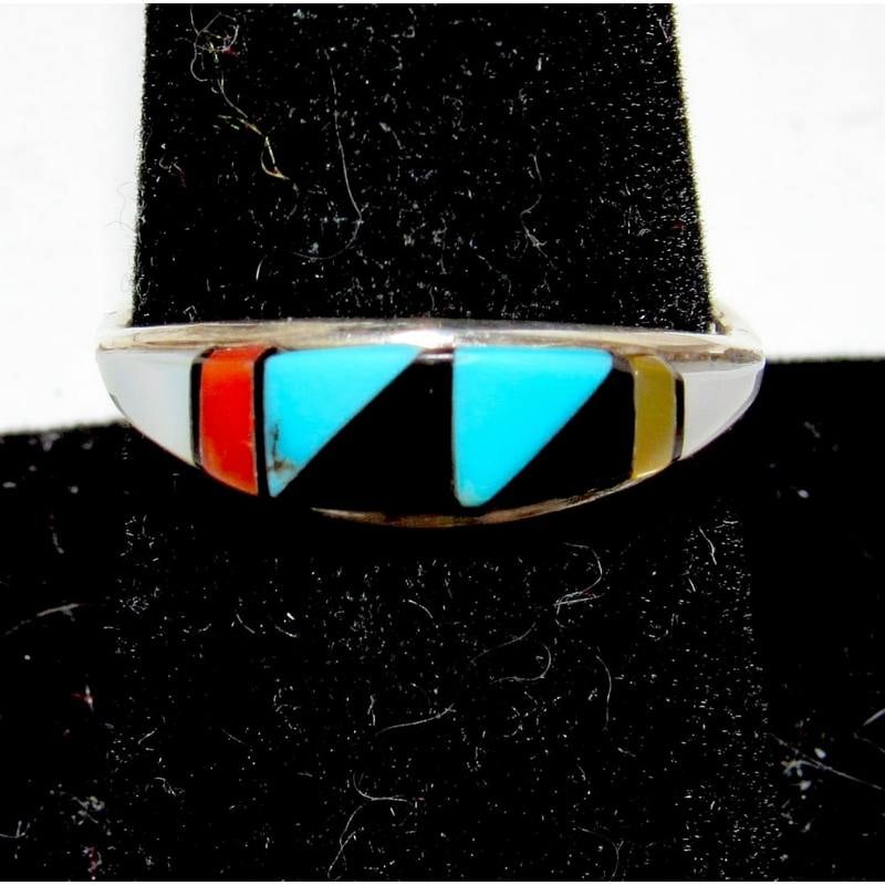 Vintage Zuni Coral Turquoise Inlay Band Ring Size 8 Sterling Silver: For your consideration is this fab vintage Zuni sterling silver and turquoise inlay band ring in size 8.. Traditional Zuni inlay design in sterling silver. Size 8. The ring measures 5/16" wide and tap