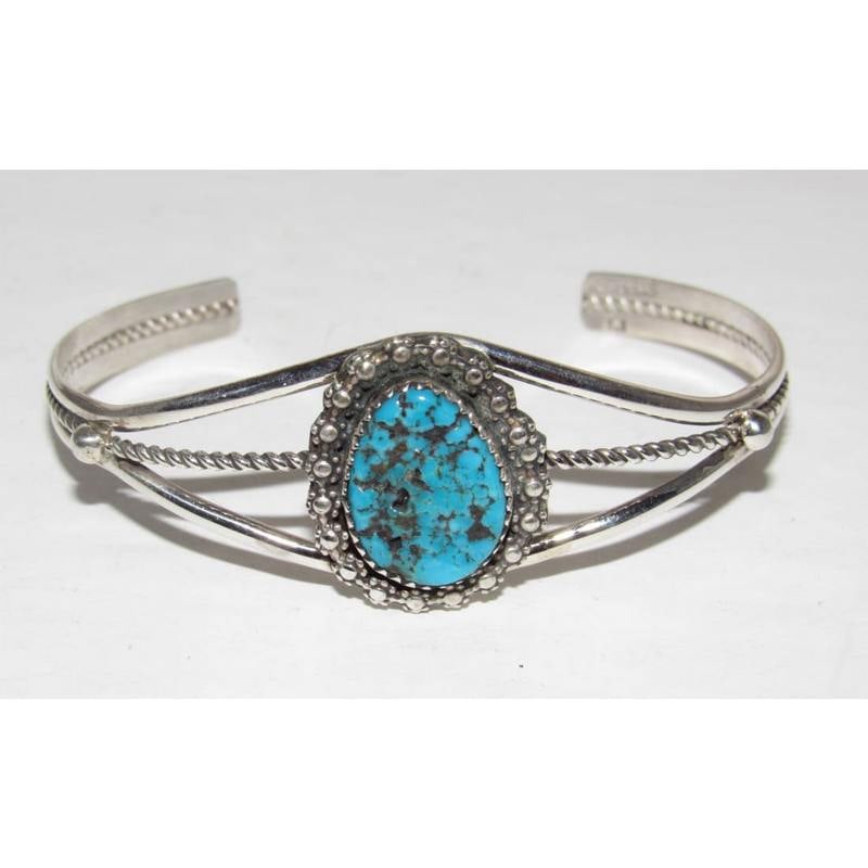 Navajo Kingman Turquoise Cuff Bracelet Sterling Silver Native Signed (1 of 4)