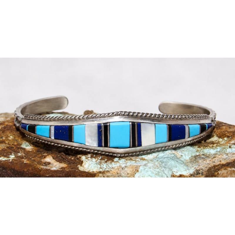 Vintage Zuni Inlay Turquosie Lapis MOP Bracelet Sterling Native American D. Panteah (1 of 7)