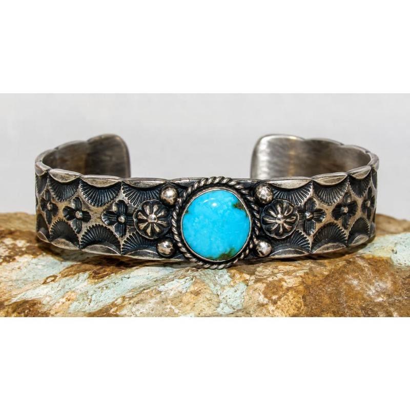 Navajo Blue Royston Stacker Cuff Bracelet Sterling Silver K Billah Signed (1 of 7)