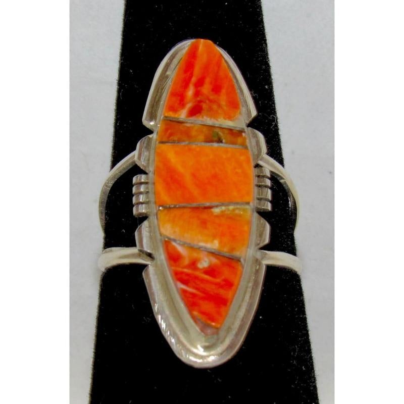 Navajo Orange Spiny Inlay Ring Sz 7 Sterling Silver E. Yazzie (1 of 5)