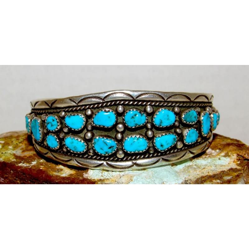 Vintage Navajo Kingman Turquoise Cluster Cuff Bracelet I. Chee Sterling Silver (1 of 5)
