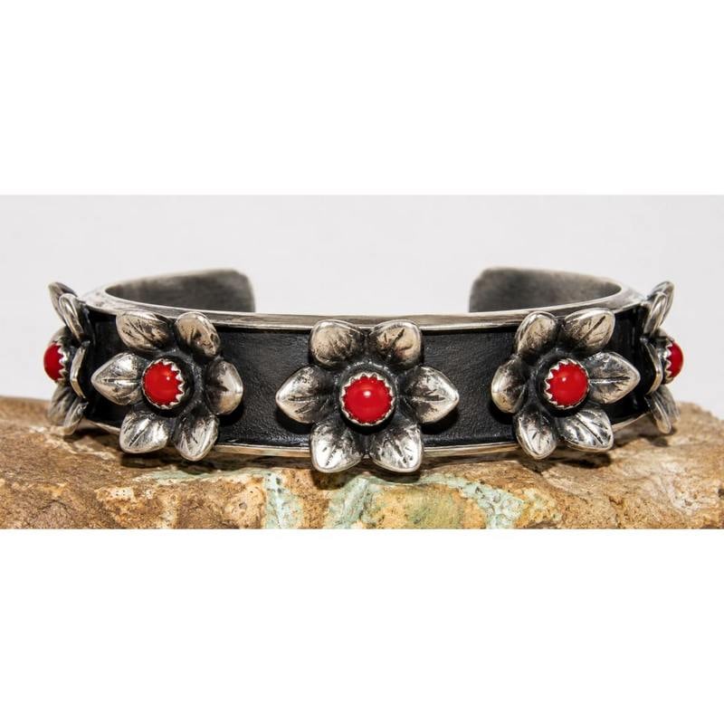 Navajo Sterling Silver Red Coral Flower Blossom Statement Cuff Bracelet M. Tom (1 of 7)