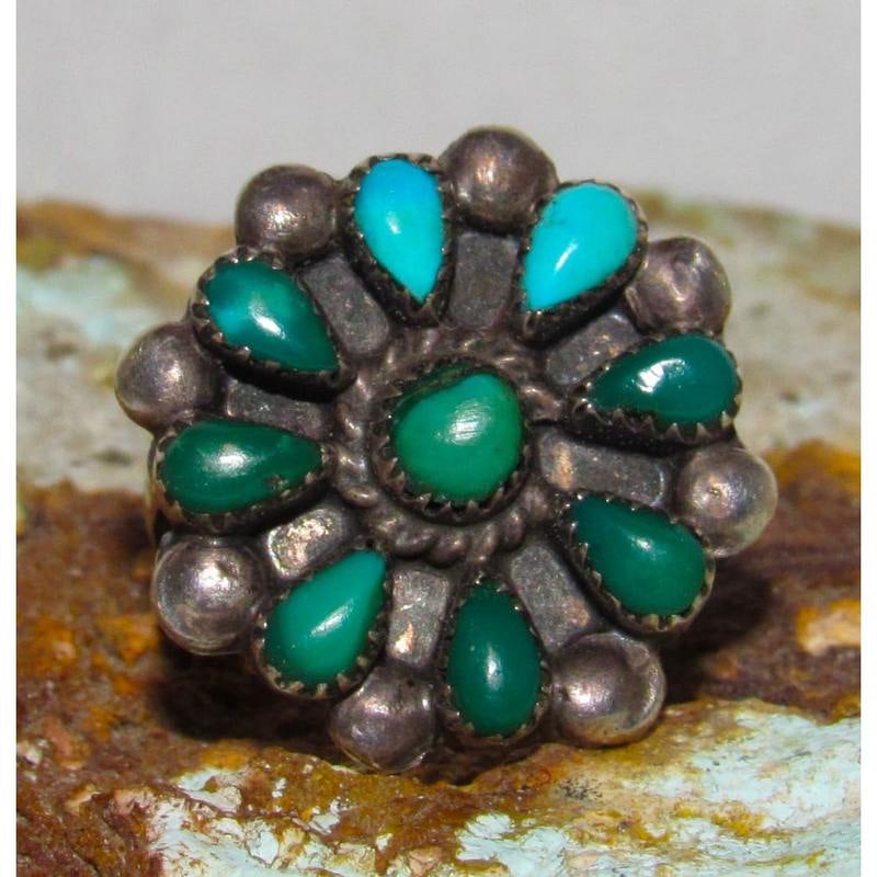 Old Pawn Zuni Turquoise Cluster Ring Sz 5 Sterling Native Vintage (1 of 5)