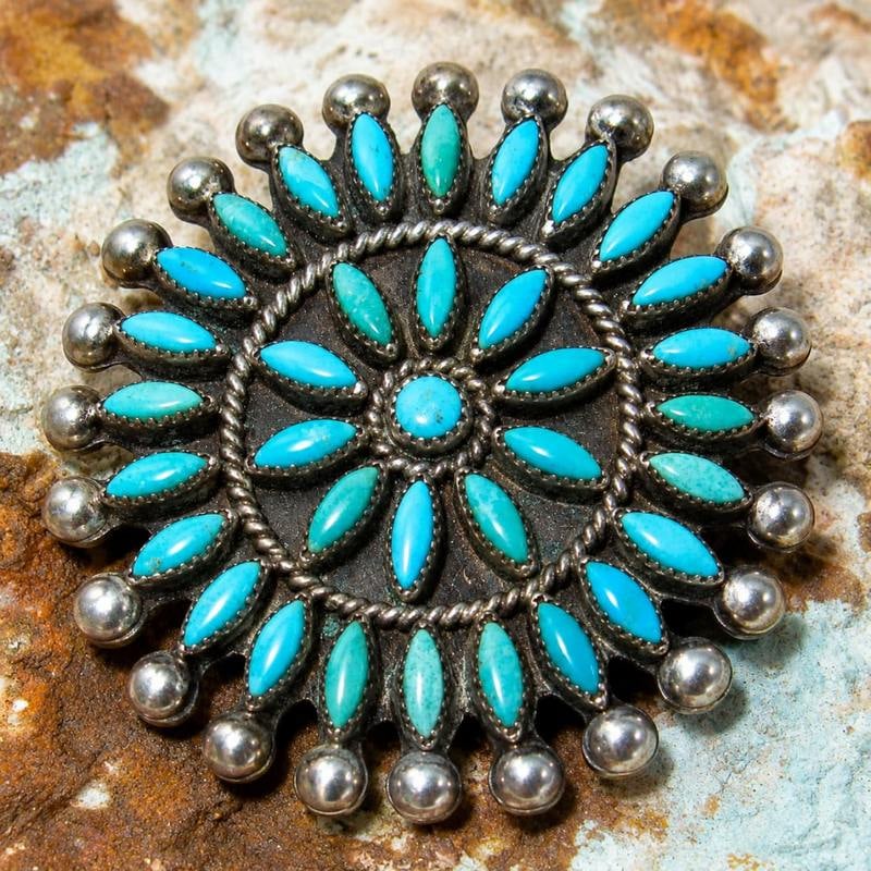 Old Pawn Zuni Petit Point Turquoise Cluster Brooch Pin Sterling Hustito Family: Old Pawn Zuni Petit Point Turquoise Cluster Brooch Pin Sterling Hustito Family. Outstanding vintage Zuni sterling silver and turquoise cluster brooch pin in nice vintage condition. This classic mid-ce
