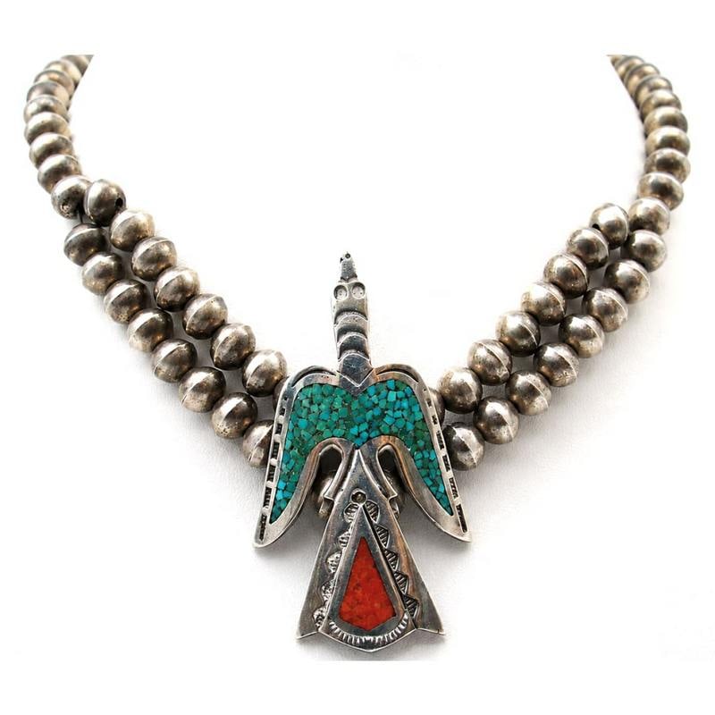 Old Pawn Navajo Peyote Bird Navajo Pearls Necklace W. Singer Sterling Turquoise: Old Pawn Navajo Peyote Bird Navajo Pearls Necklace W. Singer Sterling Turquoise. This exceptional vintage Navajo sterling silver Peyote Bird necklace is attributed to renowned Diné silversmith Willia