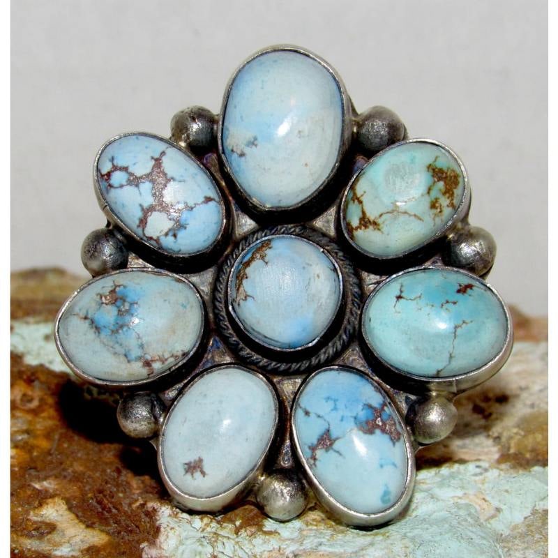 Massive Navajo Golden Hills Turquoise Cluster Ring Sz 8 Adjustable A. Martinez (1 of 7)