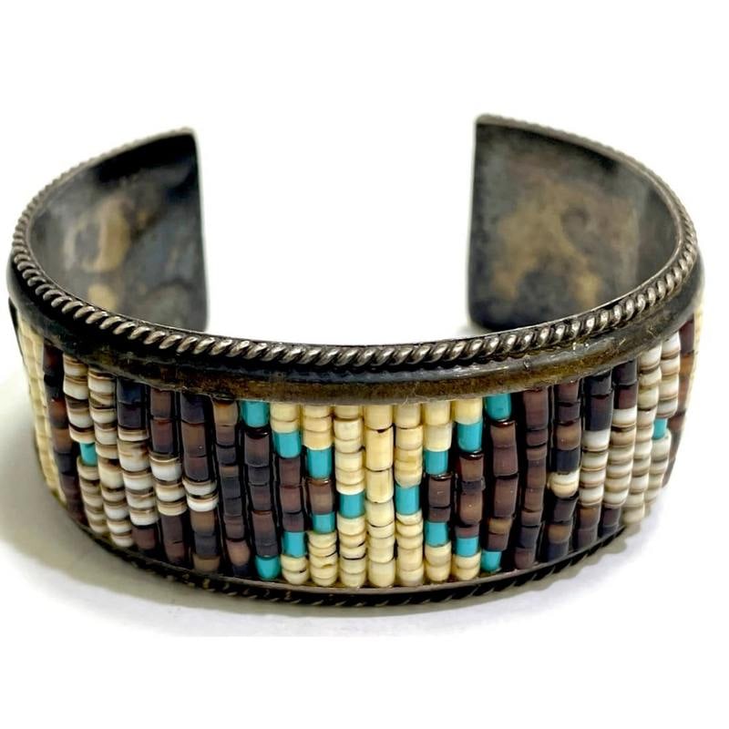 Vintage Navajo Shell Bead Turquoise Inlay Cuff Bracelet L. Charley Sterling Silver (1 of 6)
