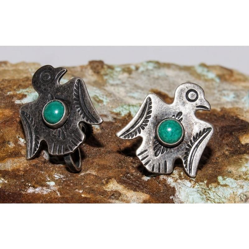 Old Pawn Navajo Thunderbird Scewback Earrings Sterling Silver Turquoise (1 of 4)