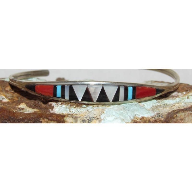 Zuni Inlay Turquoise Coral Bracelet Sterling Silver C. Weebothee Stacker: Zuni Inlay Turquoise Coral Bracelet Sterling Silver C. Weebothee Stacker. 6 1/4" inside circumference. Fab dainty Zuni cuff.