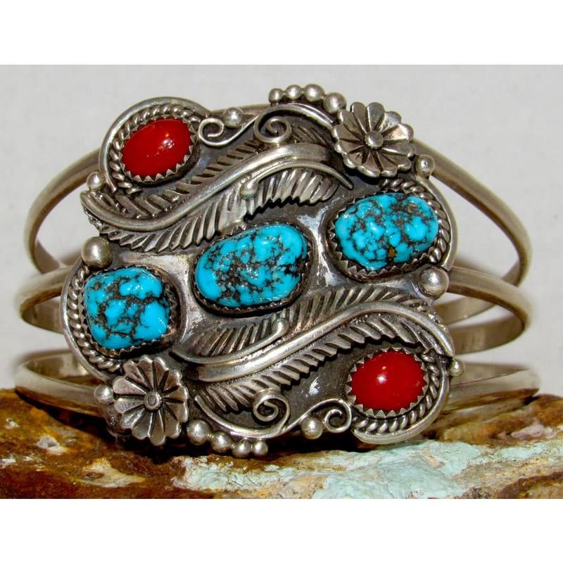 Old Pawn Navajo Turquoise Coral Sterling Silver Blossom Statement Cuff Bracelet: Old Pawn Navajo Turquoise Coral Sterling Silver Blossom Statement Cuff Bracelet. Make an unforgettable statement with this absolutely spectacular vintage Navajo sterling silver Kingman turquoise and c
