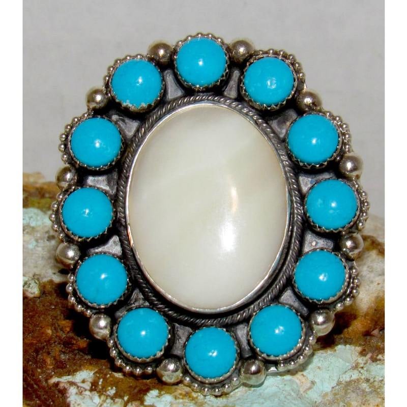 Navajo Mother of Pearl Ring Turquoise Cluster Ring Size 9 Adjustable Sterling (1 of 5)
