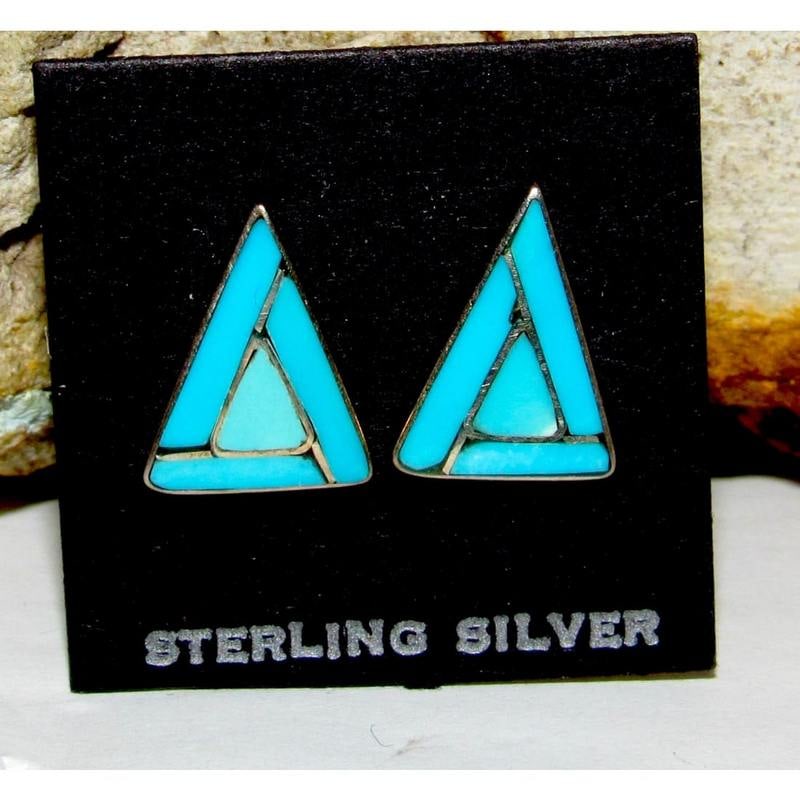 Zuni Turquoise Inlay Post Earrings Sterling Sleeping Beauty Turquoise: Post . Fab pair of Zuni sterling silver and Sleeping Beauty mine turquoise geometric inlay post earrings. Fab traditional Zuni earrings by O. Seowtewa.