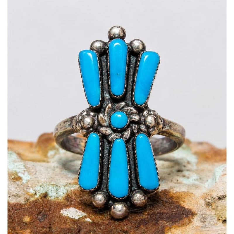 Zuni Turquoise Cluster Ring Sz 8 Sterling Silver Native American C. Hattie (1 of 5)