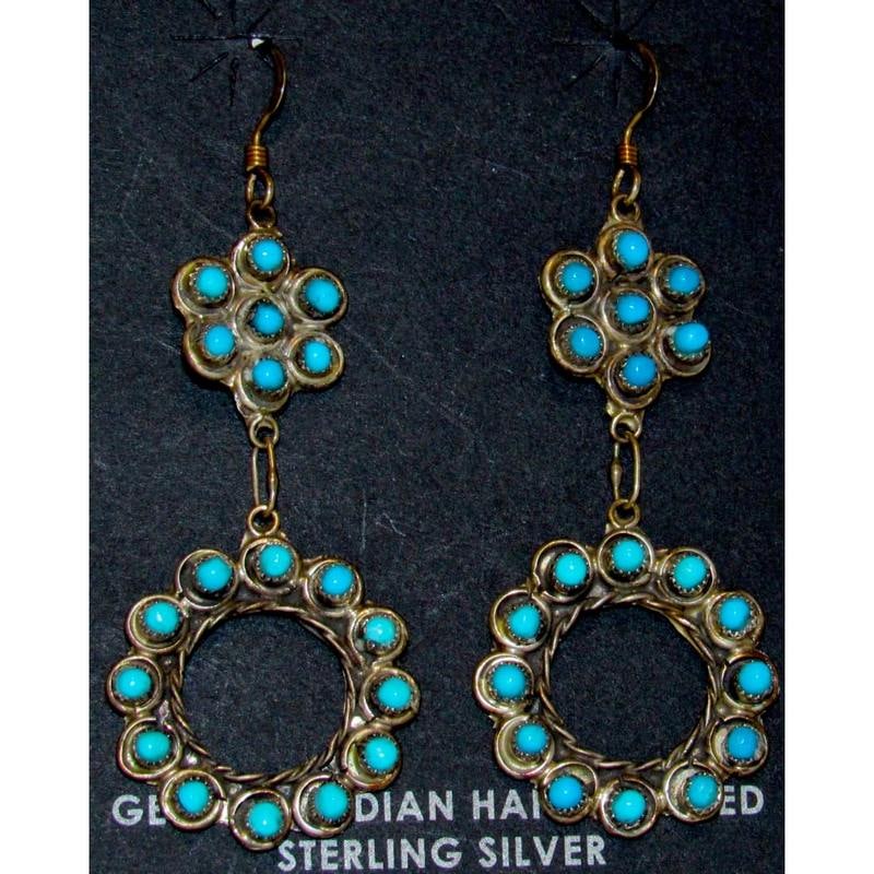 Vintage Zuni Snake Eye Turquoise Dangle Earrings Sterling Silver Native: Vintage Zuni Snake Eye Turquoise Dangle Earrings Sterling Silver Native. Stunning vintage Zuni sterling silver and snake eye Sleeping Beauty mine turquoise statement dangle earrings. The earrings meas