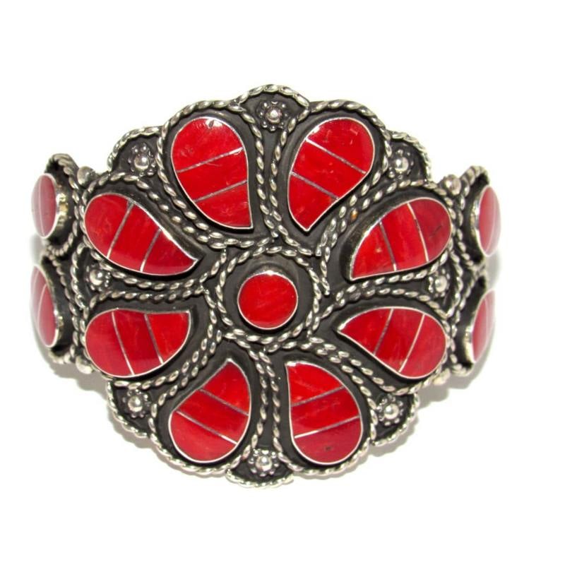 Vintage Zuni Mediterranean Coral Cluster Cuff Bracelet Sterling Silver (1 of 5)