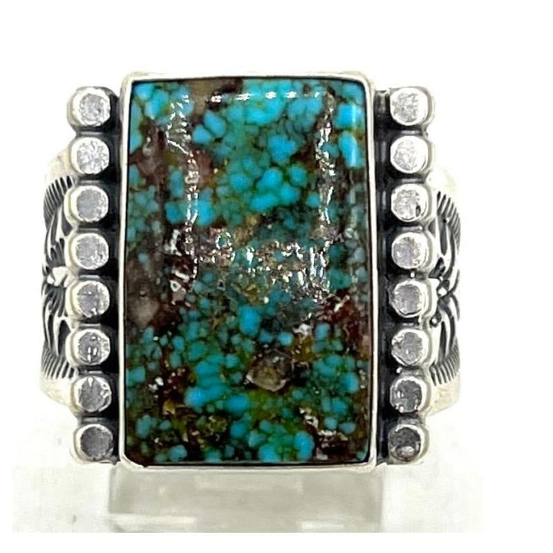 Navajo Spiderweb Kingman Turquoise Ring Sz 10 Sterling Silver Sam Yellowhorse: Navajo Spiderweb Kingman Turquoise Ring Sz 10 Sterling Silver Sam Yellowhorse. A striking Navajo sterling silver ring featuring a gorgeous Spiderweb Kingman Turquoise cabochon with rich color and bold