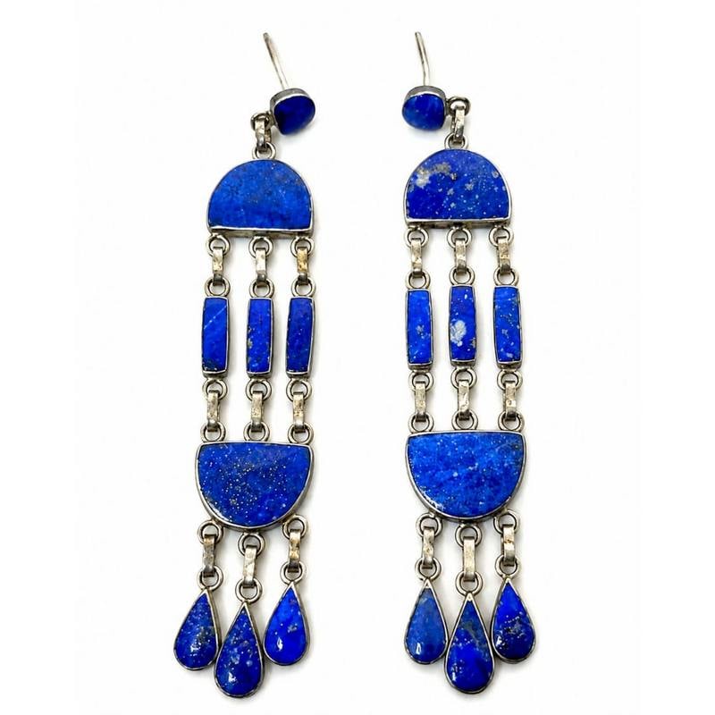 Vintage Taxco Mexico 980 Sterling Silver Lapis Lazuli Chandelier Earrings 3.25": Make a statement with these exceptional vintage Taxco Mexico .980 sterling silver chandelier earrings, masterfully handcrafted and set with richly saturated natural lapis lazuli gemstones that display