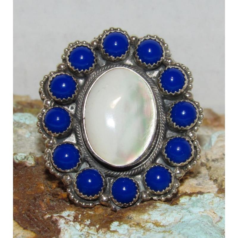 Navajo Mother of Pearl Ring Lapis Lazuli Cluster Ring Size 8.5 Sterling Silver (1 of 6)