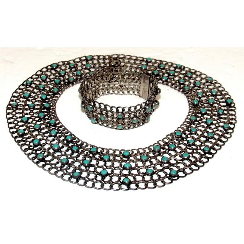 Rare Vintage Mexico 925 Sterling Silver & Turquoise Chainmail Set - Necklace & Bracelet (1 of 6)