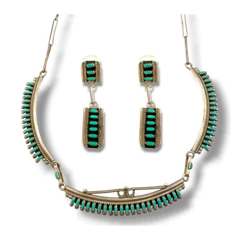 Vintage Zuni Turquoise Petit Point Collar Necklace Matching Dangle Earrings Set (1 of 6)