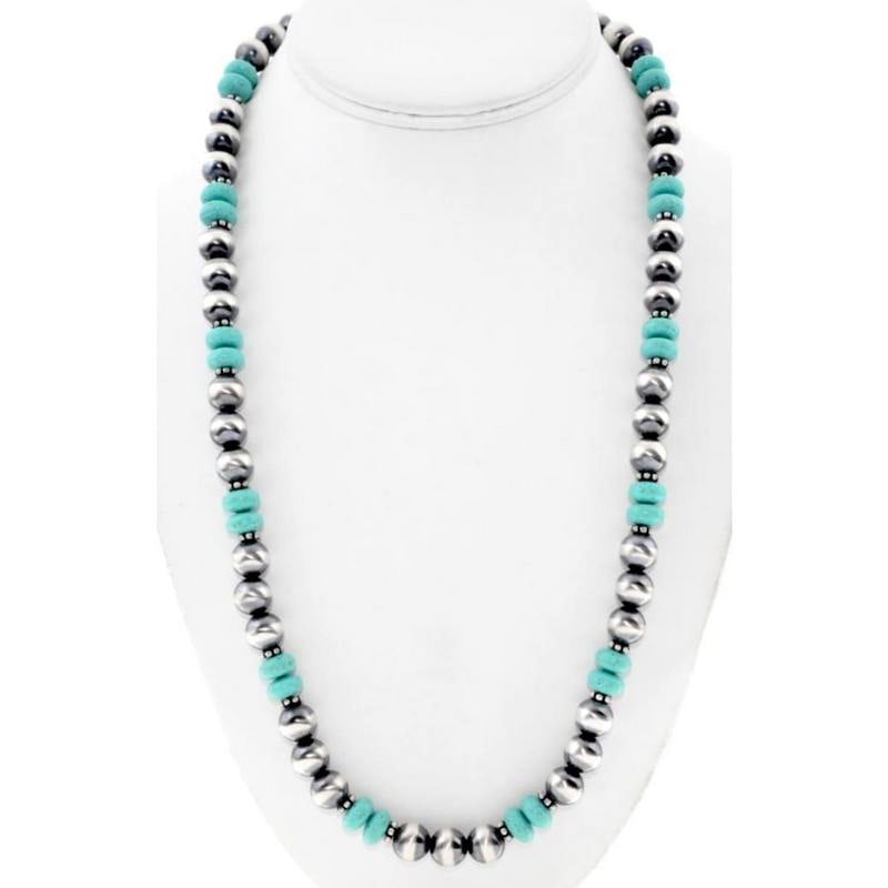 Navajo Pearls Necklace Sterling Silver Turquoise Beads Accents 25"L (1 of 4)