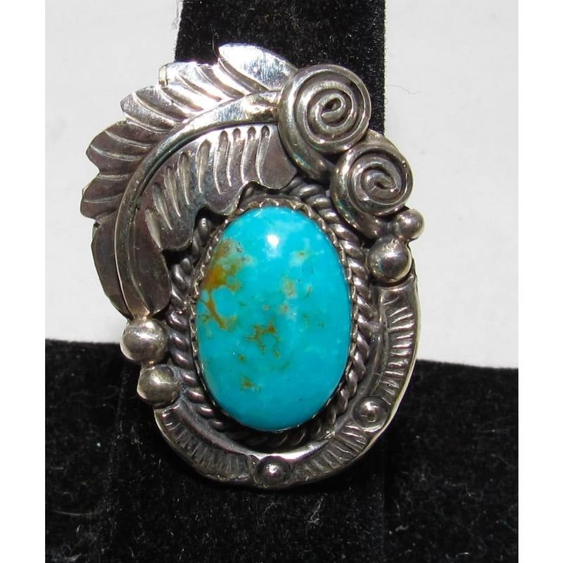 Navajo Blue Royston Turquoise Ring Size 7 Sterling Silver Signed: For your consideration is this stunning Navajo sterling silver, and blue Royston turquoise ring size 7. Traditional squash blossom design. Exceptional craftsmanship and attention to detail. Size 7, si