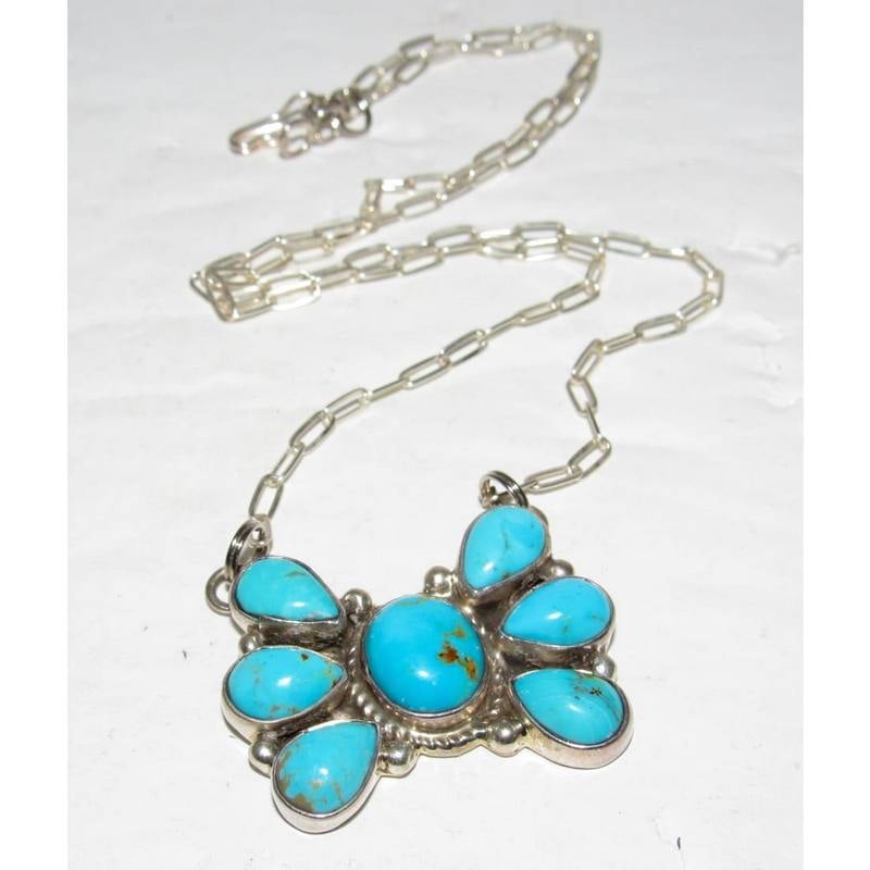 Navajo Turquoise Cluster Bar Pendant Necklace Sterling M James: Navajo Turquoise Cluster Bar Pendant Necklace Sterling M James. For your consideration is this stunning Navajo sterling silver and phenomenal Blue Gem turquoise cluster bar necklace by the Navajo arti