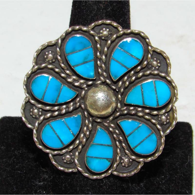 Zuni Turquoise Inlay Statement Ring Sz 7 F. Lowsayatee Sterling Silver (1 of 5)