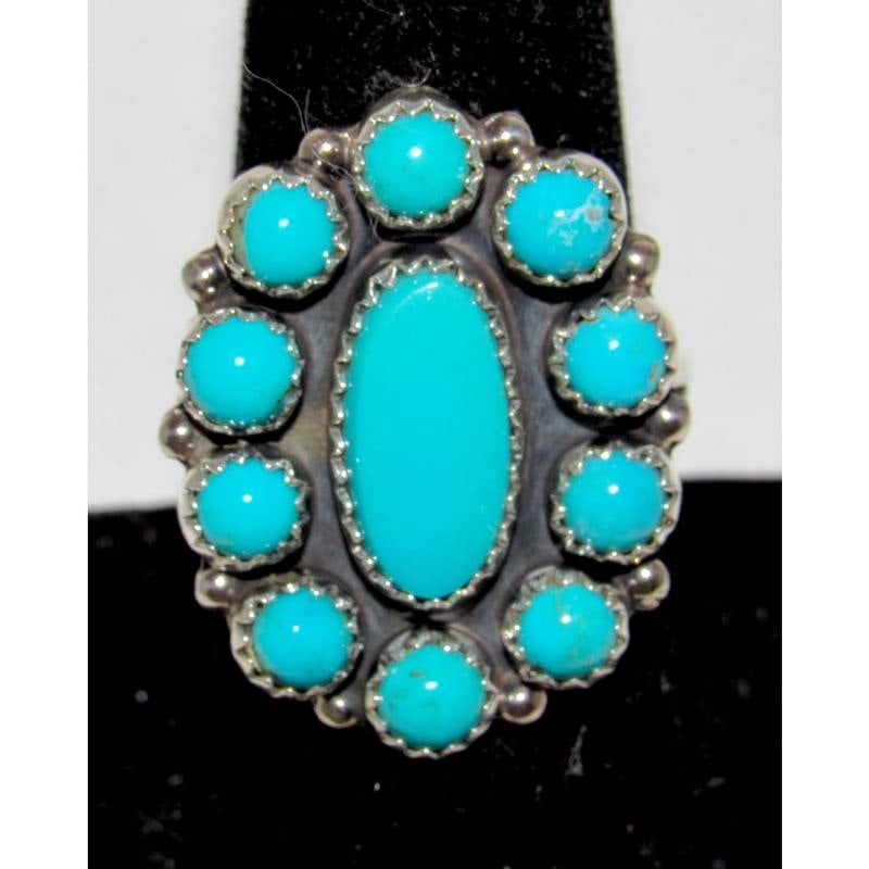Navajo Turquoise Cluster Ring Sz 7 Sterling Silver Native Signed (1 of 4)