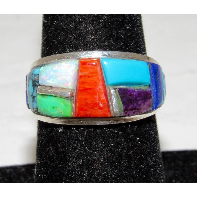 Navajo Orange Spiny Turquoise Cobble Inlay Ring Sz 6.5 Sterling Silver E. Yazzie (1 of 4)