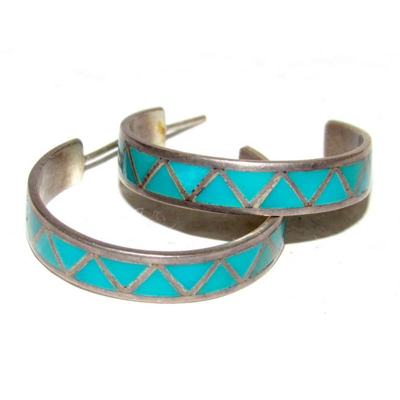 Vintage Zuni Turquoise Inlay Hoop Earrings 1 1/4" Diameter Sterling Silver: Vintage Zuni Turquoise Inlay Hoop Earrings 1 1/4" Diameter Sterling Silver. For your consideration is a pair of these fab vintage Zuni sterling silver and Sleeping Beauty mine turquoise inlay statemen
