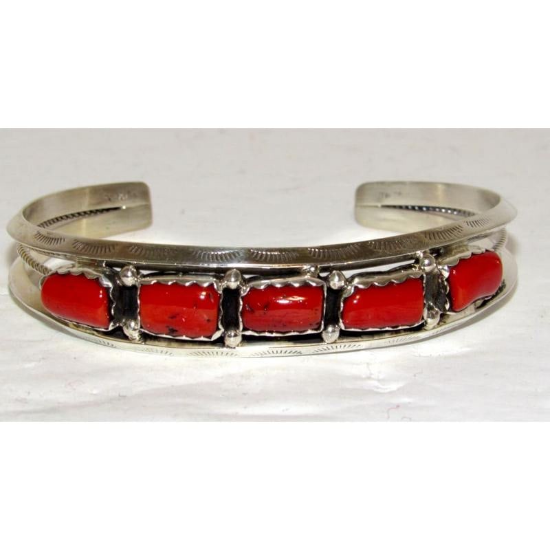 Navajo Mediterranean Coral Stacker Cuff Bracelet Sterling Silver 7 1/2" Wrist (1 of 6)