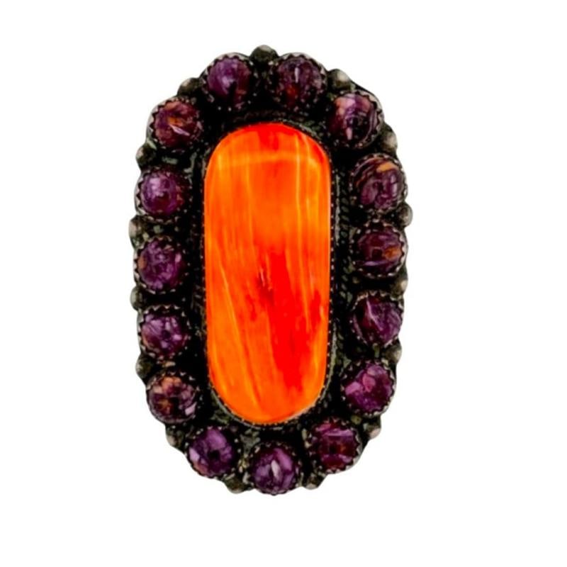 Massive Navajo Orange Purple Spiny Cluster Ring Sz 7.5 Sterling Silver Dean Brown: For your consideration is this spectacular, one of a kind, custom Native American Navajo sterling silver and orange & purple spiny oyster cluster statement ring size 7.5 by the highly collectible arti