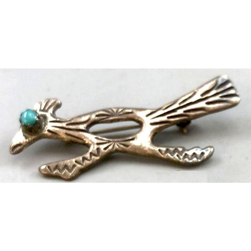 Old Pawn Navajo Roadrunner Turquoise Sterling Silver Brooch Pin (1 of 3)