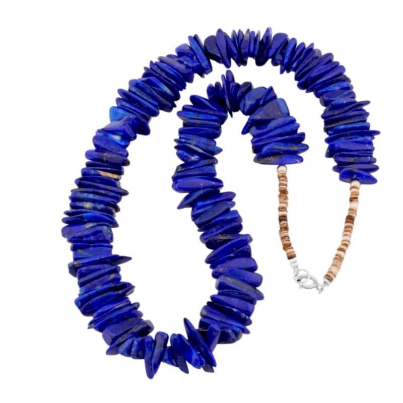 Navajo Lapis Heishi Beaded Necklace Sterling Silver Native American: Navajo Lapis Heishi Beaded Necklace Sterling Silver Native American. Gorgeous Navajo lapis lazuli Navajo pearl beads necklace. The necklace features free form polished lapis nuggets. The necklace meas