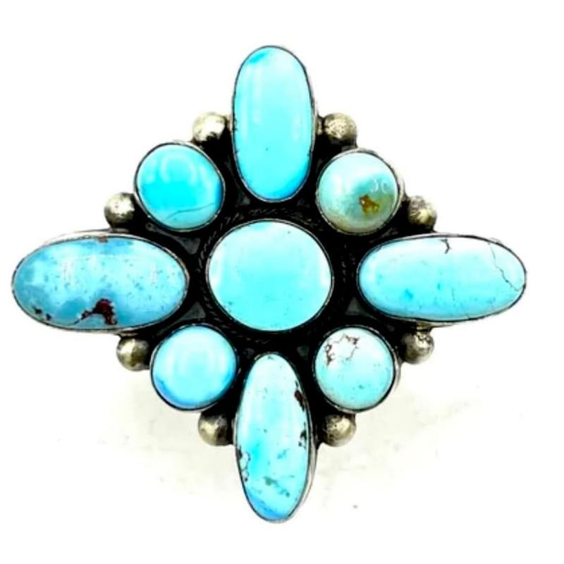 Massive Navajo Golden Hills Turquoise Cluster Ring Sz 8 Adjustable by A. Martinez: Massive Navajo Golden Hills Turquoise Cluster Ring Sz 8 Adjustable by A. Martinez. Golden Hills Turquoise & Sterling Silver Cluster Ring. This exquisite ring is currently set on size 8 and is adjustab