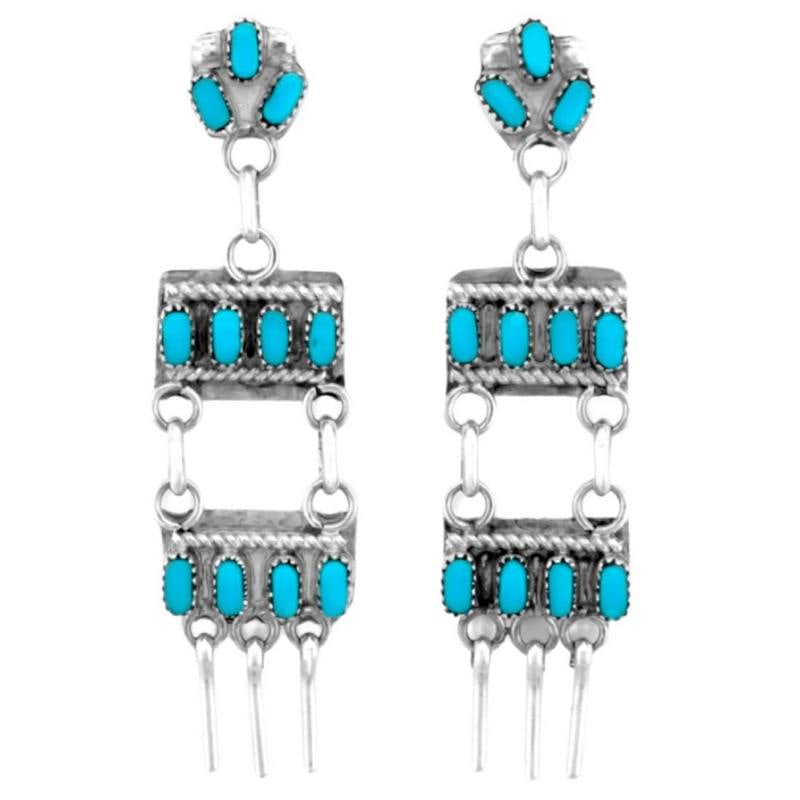 Zuni Turquoise Dangle Earrings Sterling Silver Native American: Zuni Turquoise Dangle Earrings Sterling Silver Native American. Stunning vintage Zuni sterling silver and petit point Sleeping Beauty turquoise dangle earrings. The earrings measure about 2 1/4" long.
