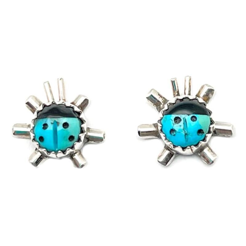 Navajo Lady Bug Inlay Post Earrings Turquoise Jet A. McCabe: For your consideration is this stunning set of Native American Navajo sterling silver, turquoise, jet adorable ladybug stud/post earrings by the Navajo artist A. McCabe.This fabulous earrings feature 