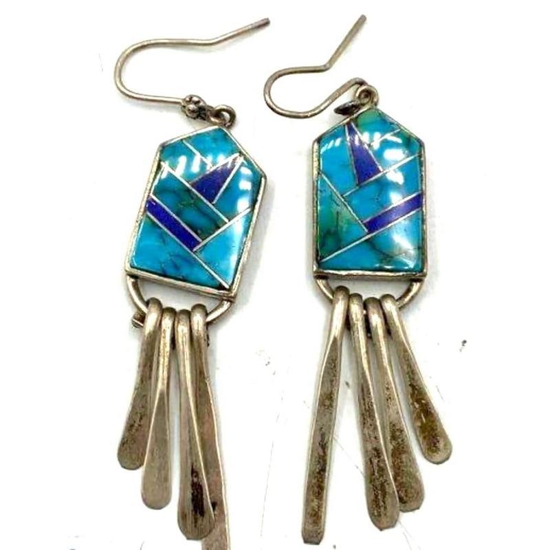 Navajo Turquoise Inlay Dangle Earrings Lapis Malachite Sterling Silver Vintage I. Kee: Navajo Turquoise Inlay Dangle Earrings Lapis Malachite Sterling Silver Vintage I. Kee. For your consideration is a pair of these stunning vintage Navajo sterling silver, turquoise, lapis malachite inl